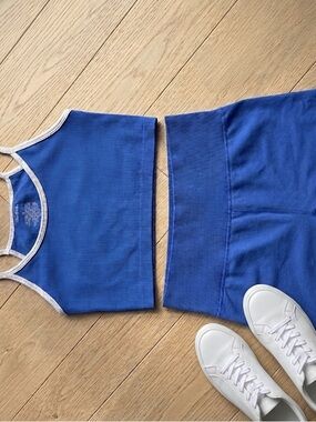 Blue Ribbed Crop Tank Shorts Set Y2K Sporty Athleisure S